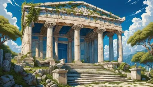 Ancient Greek temple, Corinthian style, ornate columns, carved acanthus leaves, detailed stone carvings, grand entrance, stairs leading up, majestic facade, bright blue sky, fluffy white clouds, warm 