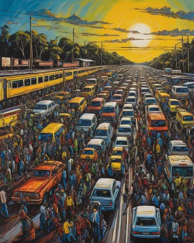 oil painting on canvas,transport and traffic,evening traffic,oil on canvas,caravan,panamericana,traffic congestion,santiago di cuba,traffic jams,gregory highway,kampala,traffic jam,city highway,buses,passenger traffic,the market,migration,large market,queensland rail,khokhloma painting,Illustration,Realistic Fantasy,Realistic Fantasy 33