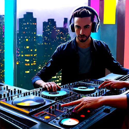 DJ, mixing console, headphones, studio background, spotlight on DJ, hands moving quickly, vinyl records, CDs, laptop, music software, sound waves, equalizer, microphone, instrumental hip-hop beats, el