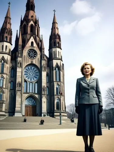 Eva Braun vor der Kaiser-Wilhelm-Gedächtniskirche in Berlin,a woman in a skirt posing in front of an old church,pawlowicz,borgen,lipstadt,haunted cathedral,evangelischen,kolinda