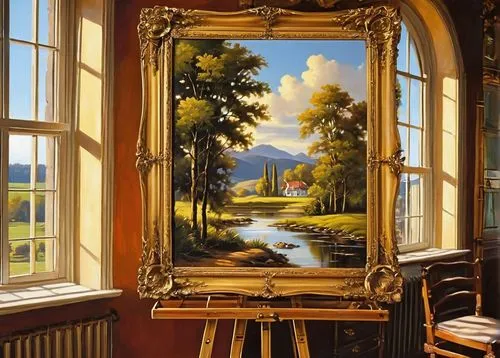 painting technique,art painting,home landscape,oil painting,painting,meticulous painting,bierstadt,beautiful frame,biedermeier,paintings,landscape background,wood frame,mirror in the meadow,golden frame,painter,niedermeier,photo painting,church painting,dutch landscape,wooden frame,Illustration,American Style,American Style 04