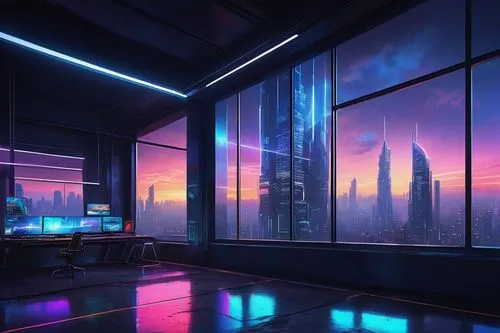 futuristic landscape,cityscape,cybercity,sky apartment,cyberscene,computer room,cyberpunk,cybertown,sky space concept,cyberport,futuristic,cyberview,synth,dusk background,spaceship interior,modern office,atmospheres,the server room,cyberia,city skyline,Illustration,Abstract Fantasy,Abstract Fantasy 15