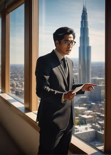 Modern university campus, architecture school building, professor standing in front of a large window with cityscape view, wearing glasses, black hair combed back, formal suit, holding a model of a sk