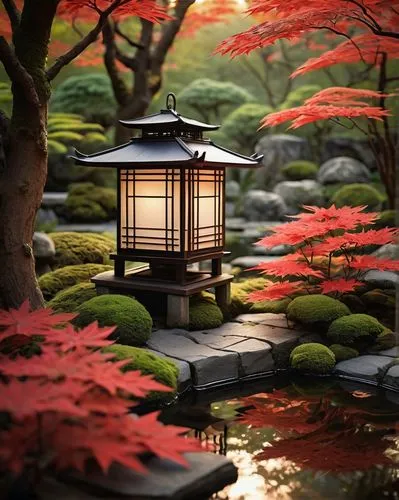 Traditional Japanese-style lanterns, delicate filigree metal frames, soft warm white light, intricate cut-out designs, dainty tassels, gentle swaying in the breeze, serene garden setting, lush greener