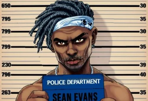 Generates a Grand Theft Auto style poster of an arrested African American male with gray dreadlocks sticking up holding a mugshot sign that reads "POLICE DEPARTMENT" and "SEAN EVANS." The African Amer