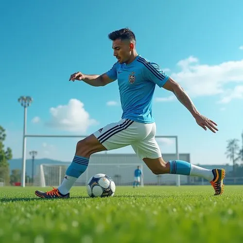 Sky blue athletic field, vibrant green grass, white goalposts, soccer balls scattered around, male athlete, strong muscular legs, dynamic pose, sweat droplets on forehead, determined facial expression