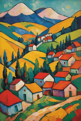 khokhloma painting,rural landscape,home landscape,landscape,farm landscape,mountain village,carol colman,tuscan,village scene,braque d'auvergne,1926,escher village,villages,kato lefkara,transilvania,1925,olle gill,motif,alpine pastures,autumn landscape,Art,Artistic Painting,Artistic Painting 36