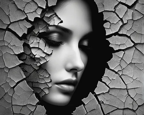 shattered,photomontage,woman face,woman's face,image manipulation,woman thinking,facets,photo manipulation,fragility,broken glass,torn paper,broken pieces bring luck,puzzle pieces,broken pane,damaged,tear-off,eroded,disintegration,fragments,photomanipulation,Photography,Black and white photography,Black and White Photography 07