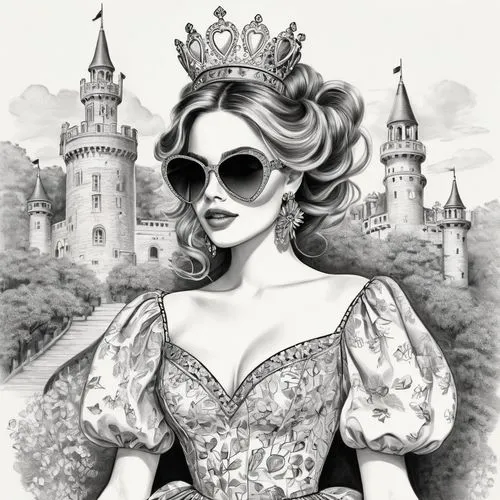 noblewoman,vintage illustration,fairy tale character,queen of hearts,vintage drawing,peignoir,Illustration,Black and White,Black and White 30