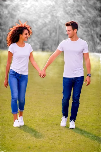 Happy family, smiling faces, warm skin tones, casual clothing, jeans, white shirts, sneakers, natural hairstyles, gentle facial expressions, tender interactions, embracing, holding hands, outdoor sett