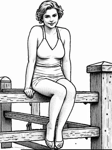 black and white drawing of a woman sitting on a bench,woman sitting,girl sitting,comic halftone woman,sauna,retro 1950's clip art,depressed woman,Design Sketch,Design Sketch,Rough Outline