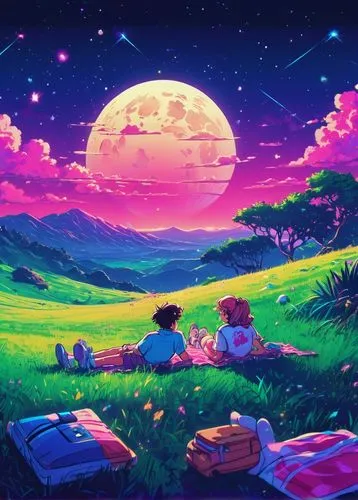 Calvin, Hobbes, childhood friends, lying on grass, stargazing, night sky, full moon, sparkling stars, constellation patterns, dreamy eyes, relaxed facial expressions, casual summer outfits, T-shirt, s