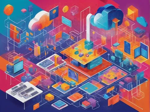 AWS architecture diagrams, complex system design, multiple servers, cloud infrastructure, virtual machines, containers, network topology, data flow, arrows indicating direction, colorful icons, 3D vis