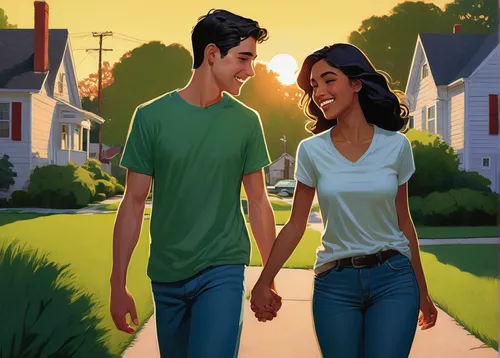 young couple,loving couple sunrise,beautiful couple,girl and boy outdoor,romantic scene,black couple,rosa ' amber cover,cute cartoon image,couple in love,love couple,holding hands,sci fiction illustration,as a couple,neighbors,animated cartoon,hold hands,romantic portrait,bunches of rowan,hands holding,game illustration,Conceptual Art,Daily,Daily 08