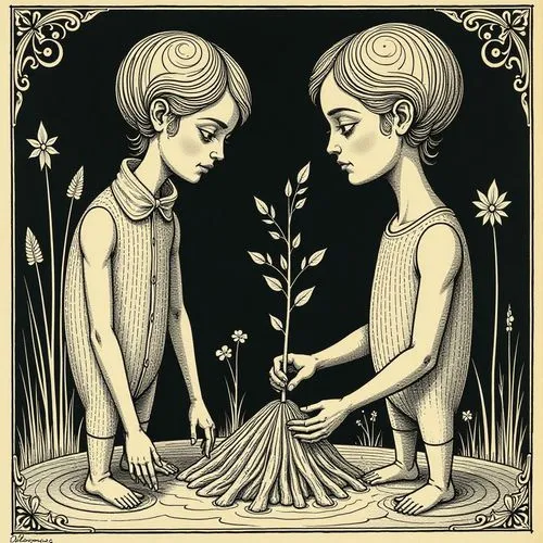 adam and eve,woodcut,nurturing,gardeners,lammas,kate greenaway,Illustration,Retro,Retro 15