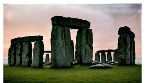 Stonehenge, ancient monument, mysterious atmosphere, cloudy sky, sunrise, misty morning, dramatic lighting, low-angle shot, massive stones, intricate carvings, earthy tones, rugged texture, mystical a