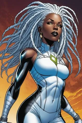 Female version of Electro from Marvel Comics. Black woman with white dreadlocks.,an illustration of a woman wearing white, and dread locks,ororo,lilandra,wildstorm,amora,laureline,beyonder,Illustratio