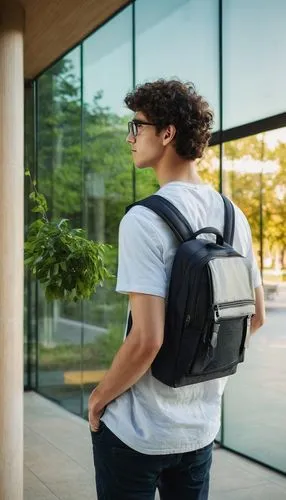 University campus, modern architecture building, 4-year program, solo male student, backpack, casual wear, holding laptop, standing in front of glass entrance, staircase, pillars, greenery, sunny day,