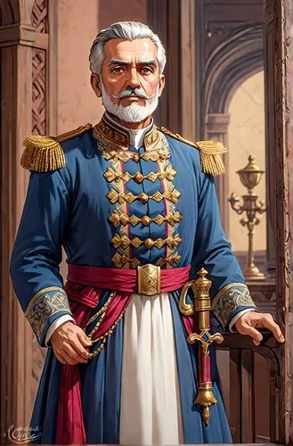 hombre anciano con barba larga blanca cabello corto y con un terno de la epoca colonial ,admiral von tromp,the emperor's mustache,francisco,conquistador,napoleon bonaparte,franz,emperor wilhelm i,admi