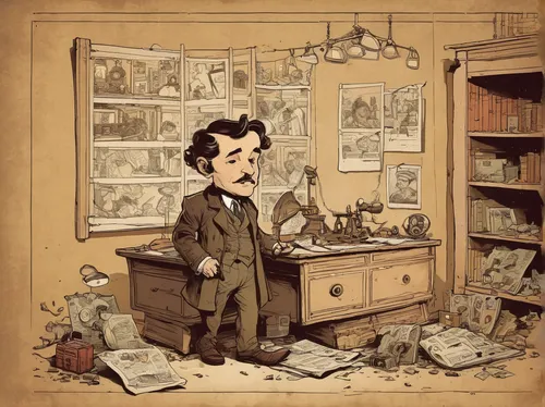 hans christian andersen,sherlock holmes,mark twain,caricaturist,kate greenaway,book illustration,game illustration,watchmaker,sherlock,self-portrait,hand-drawn illustration,vintage illustration,man with a computer,july 1888,vintage ilistration,illustrations,fryderyk chopin,caricature,illustrator,consulting room,Illustration,Children,Children 04