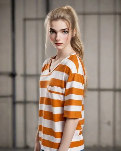 girl in t-shirt,olallieberry,clementine,polo shirt,orange,long-sleeved t-shirt,liberty cotton,horizontal stripes,tee,orange color,orange robes,prisoner,chainlink,tshirt,angelica,isolated t-shirt,striped background,in a shirt,female model,harley quinn,Photography,Natural