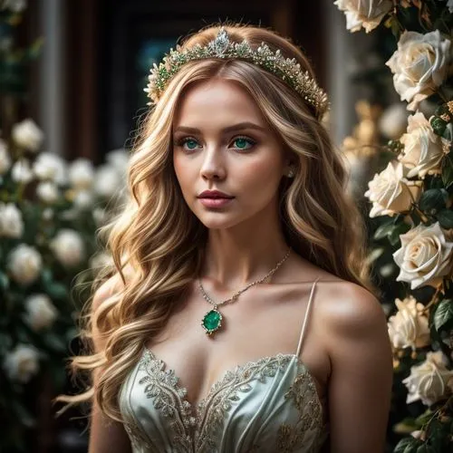 Yeux verts, collier d'émeraude, couronne de roses blanches,tiara,bridal jewelry,jessamine,fairy queen,cinderella,spring crown,ivy,white rose snow queen,elsa,diadem,bridal,beautiful girl with flowers,g