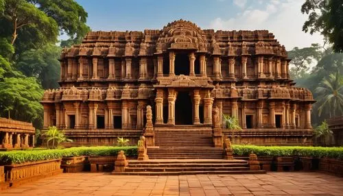 Konark Sun Temple, ancient Indian architecture, intricately carved stone walls, ornate sculptures, massive pillars, grand entrance, stairs leading up, detailed stone flooring, vibrant red and yellow h