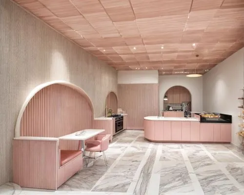 pale pink and coral, light wood slats, bakery, modern minimalist,tile kitchen,kitchen design,archidaily,kitchenette,almond tiles,casa fuster hotel,assay office,kitchen interior,luxury bathroom,ice cre