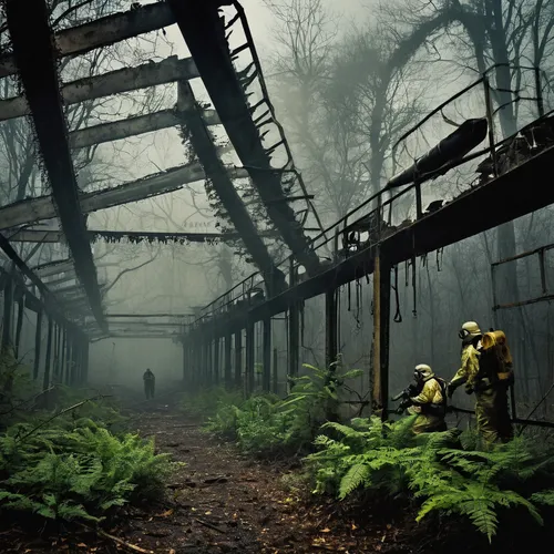 industrial ruin,industrial landscape,abandoned factory,forest workers,forest workplace,trestle,germany forest,abandoned places,mining facility,abandoned place,foggy forest,urbex,lost place,haunted forest,coal mining,abandoned,chemical plant,yellow machinery,industrial,industrial plant,Illustration,Realistic Fantasy,Realistic Fantasy 40