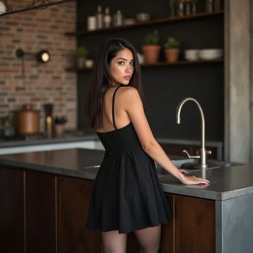 countertop,girl in the kitchen,barista,counter top,kitchen counter,kitchen,little black dress,countertops,lbd,black dress,kitchen table,black dress with a slit,vietnamese,black skirt,dark cabinets,cucina,backsplash,in a black dress,waitress,anqi