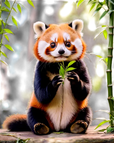 Lesser panda, cute, furry, white and black fur, round face, small nose, big eyes, bamboo leaves, sitting, eating, peaceful atmosphere, warm lighting, 3/4 composition, shallow depth of field, soft focu