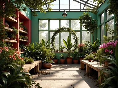 Lush greenhouse interior, exotic plants, tropical flowers, warm natural light, misty atmosphere, rustic wooden benches, earthy terracotta pots, vibrant turquoise walls, bright coral accents, soft mint