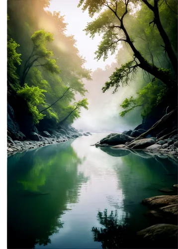 Winding river, serene landscape, gentle flow, crystal clear water, rocky riverbanks, lush green trees, overhanging branches, misty atmosphere, warm sunlight filtering through fog, 3/4 composition, sha