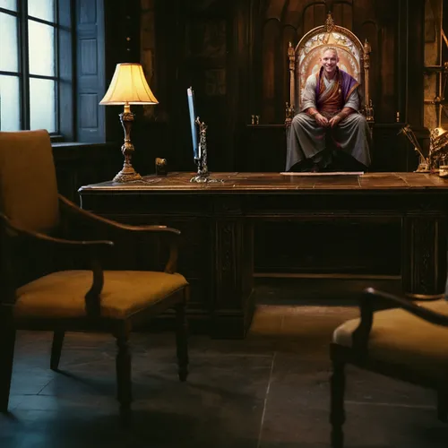 turn the external background part in to: background of a medieval fantasy office with a desk and chairs,clary,the throne,throne,thrones,consulting room,doll's house,dandelion hall,king lear,the crown,