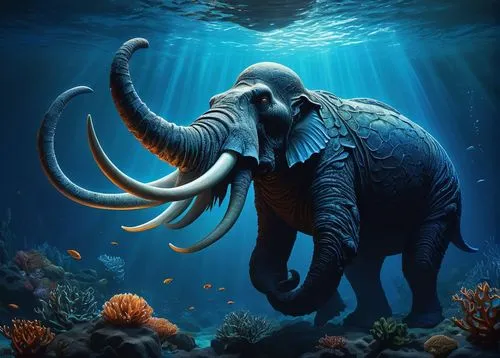 Majestic Mastodon Leviathan, underwater, dark blue gradient background, bioluminescent accents, glowing eyes, sharp tusks, wrinkled skin, oceanic plants, coral reefs, schools of small fish swimming ar