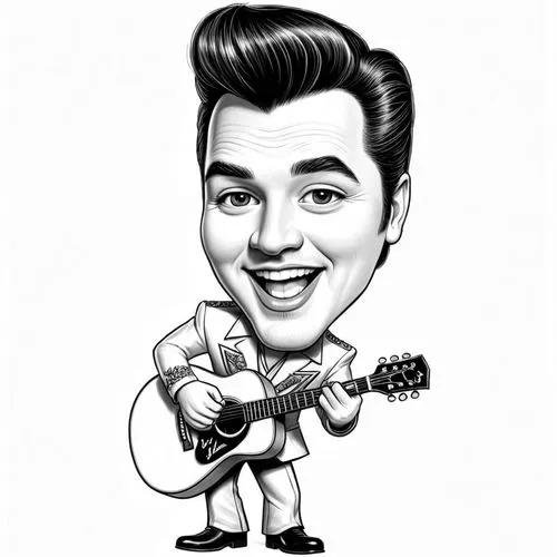 pencil drawing style  Julius Leblanc Stewart Caricature style drawing of a celebrity, big head, small body, exaggerated facial expressions. A 3D animated character resembling Elvis Presley, wearing a 