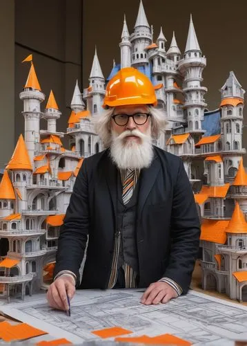 College of Architecture and Design, humorous scene, professor with messy hair, thick black glasses, white beard, holding a large blueprint, wearing a bright orange construction helmet, striped shirt, 