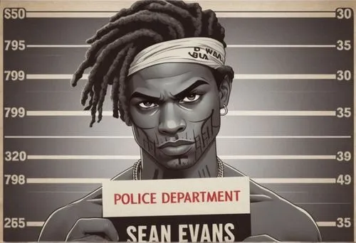 Generates a Grand Theft Auto style poster of an arrested african american male facing forward, with gray dreadlocks sticking up to the left, holding a mugshot sign that says "POLICE DEPARTMENT" and "S