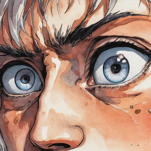 Depict an intense anime facial close-up during a fierce battle.,pupils,detail shot,pupil,newt,closeup,fire eyes,coloring,valerian,freckle,killua hunter x,eyes,tear,killua,the eyes of god,brown eye,ora