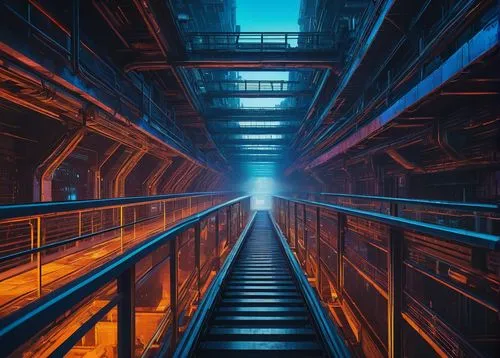 Futuristic, sci-fi, high-tech, metallic, neon-lit, multi-level, elevated walkways, staircases, complex pipelines, intricate ventilation systems, holographic advertisements, cyberpunk cityscape, atmosp