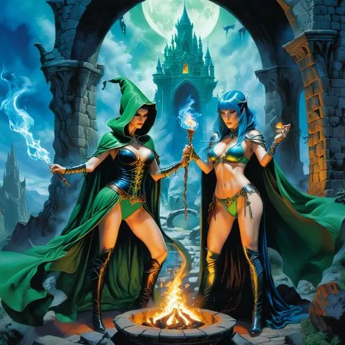 sorceresses,priestesses,enchanters,witches,furies,celebration of witches,Conceptual Art,Fantasy,Fantasy 20