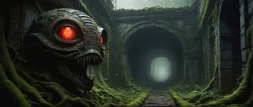 Mysterious Chagago, ancient alien ruin, abandoned futuristic city, misty atmospheric fog, eerie red glowing eyes in the dark, vines entwined around broken robotic statues, crumbling stone walls with i