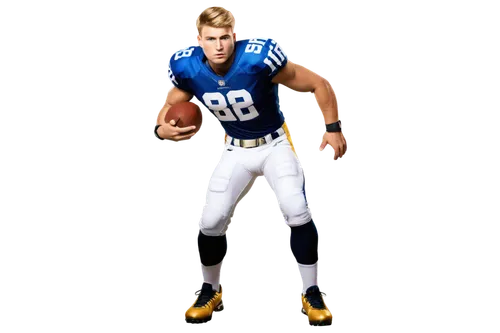 Fast Hershey's, American football player, muscular athletic build, short blonde hair, intense gaze, white football jersey, blue pants, gold belt, Nike shoes, holding football, strong legs, standing, h