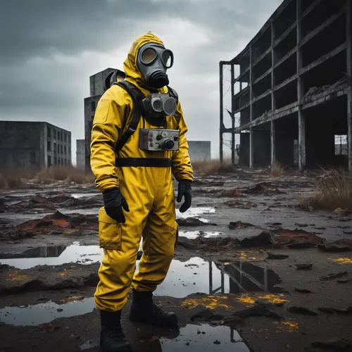 post-apocalyptic survivor, wearing hazmat suit, holding RadAway, standing in a desolate wasteland, abandoned buildings, mutated creatures in the background, overcast sky, ambient radiation glow, first