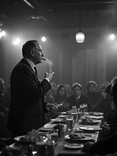 Realistic black and white photo: In a southern German restaurant hall, a conservative politician in a suit and tie, standing and not smoking, speaks to his listeners, who are gathered around several t