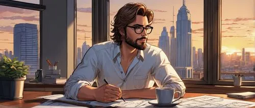 bigby,blur office background,office worker,salaryman,secretarial,ceo,modern office,tony stark,raimi,harada,otacon,man with a computer,business man,businessman,businesman,plissken,editor,analyze,shinra,spy visual,Illustration,American Style,American Style 13