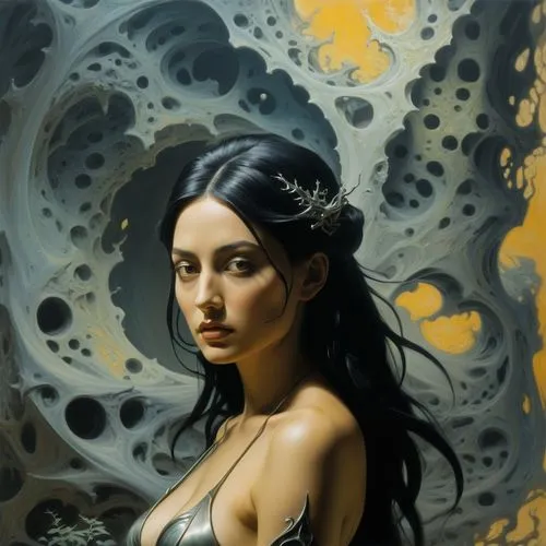 molten forest by dali and escher in quicksilver and ferrofuid splashes, Minimalism in a Negative Artistic Space,an oil painting of a woman in front of a floral bouquet,frazetta,fantasy portrait,sirena