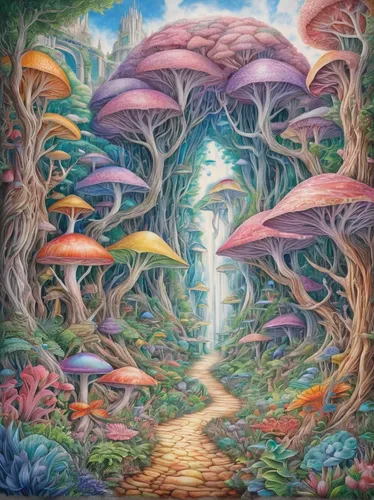 mushroom landscape,fairy forest,mushroom island,fairy world,fairy village,mushrooms,forest of dreams,elven forest,fantasy landscape,enchanted forest,psychedelic art,forest mushrooms,forest mushroom,cubensis,garden of eden,cartoon forest,lsd,3d fantasy,dream world,tree mushroom,Conceptual Art,Daily,Daily 17