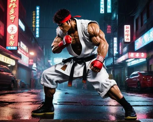 Street Fighter, Ryu, muscular man, intense gaze, spiky hair, red headband, white gi, black belt, worn out sneakers, dynamic pose, city street, neon lights, night scene, rainy atmosphere, steam rising 