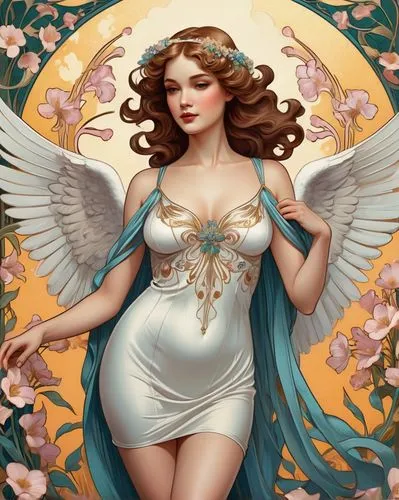 Illustration Painting in Retro style of a beautiful adult female angel has a curvy body, wearing simple modern mini dress, dressed in flowers, high quality, highly detailed, finely detailed,a drawing 